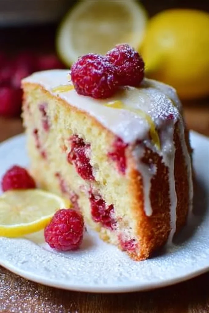 Delicious Lemon Raspberry Cake with fresh lemon and raspberries on top