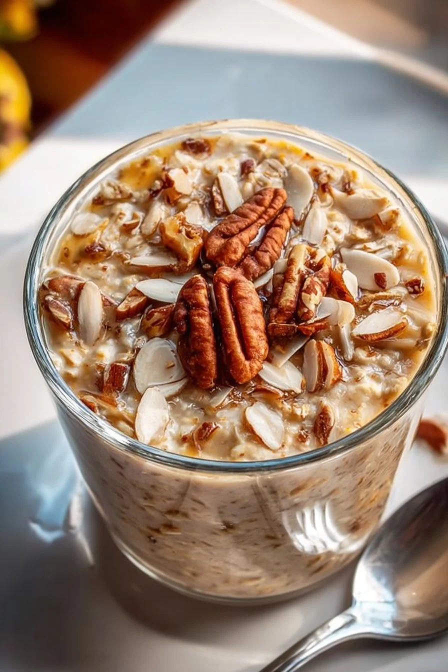 Delicious maple brown sugar overnight oats in a jar topped with nuts and fruit