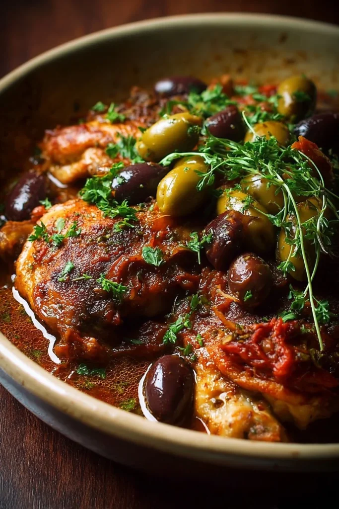 Mediterranean braised chicken dish with dates and olives served on a plate.