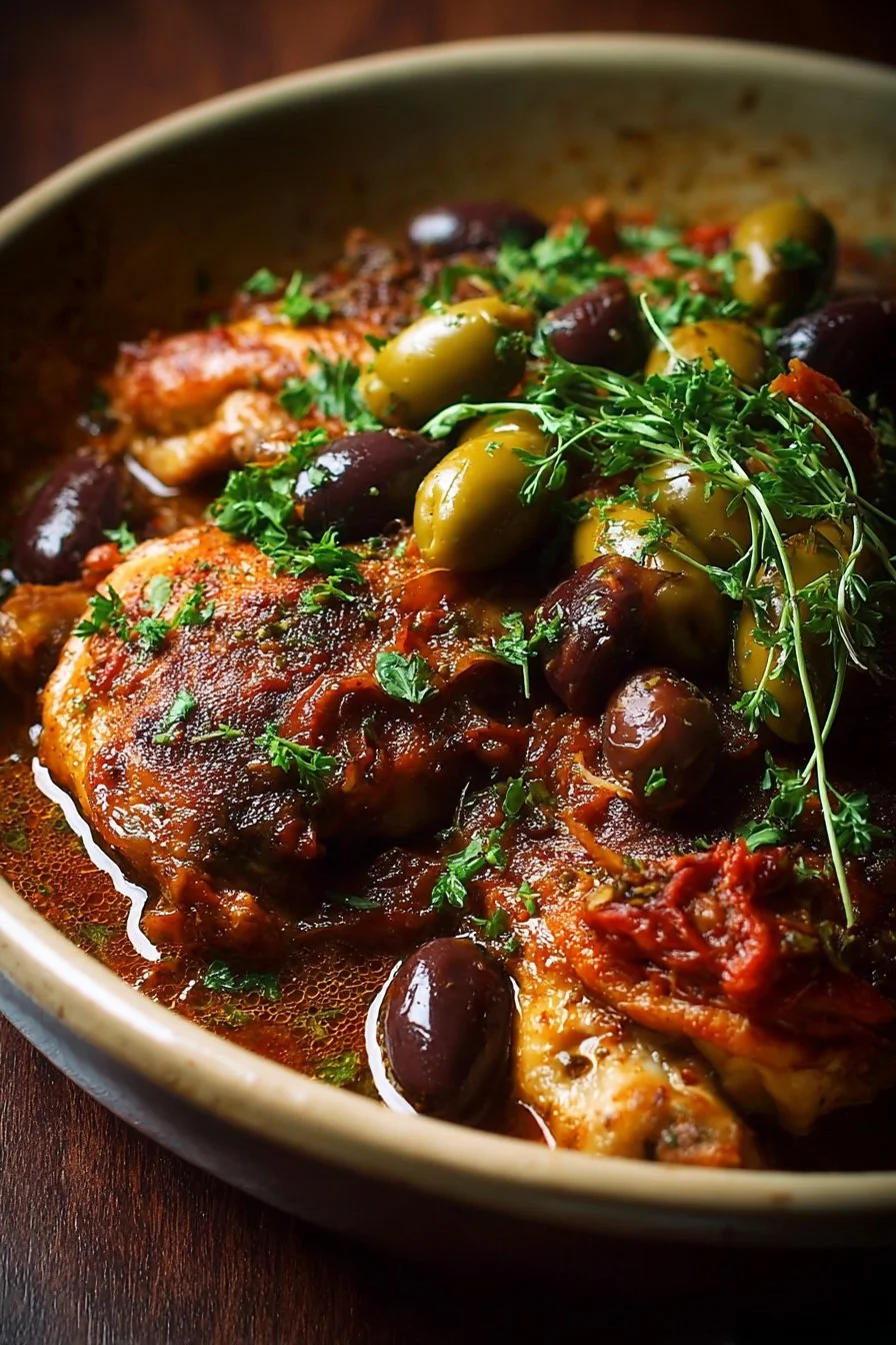 Mediterranean braised chicken dish with dates and olives served on a plate.