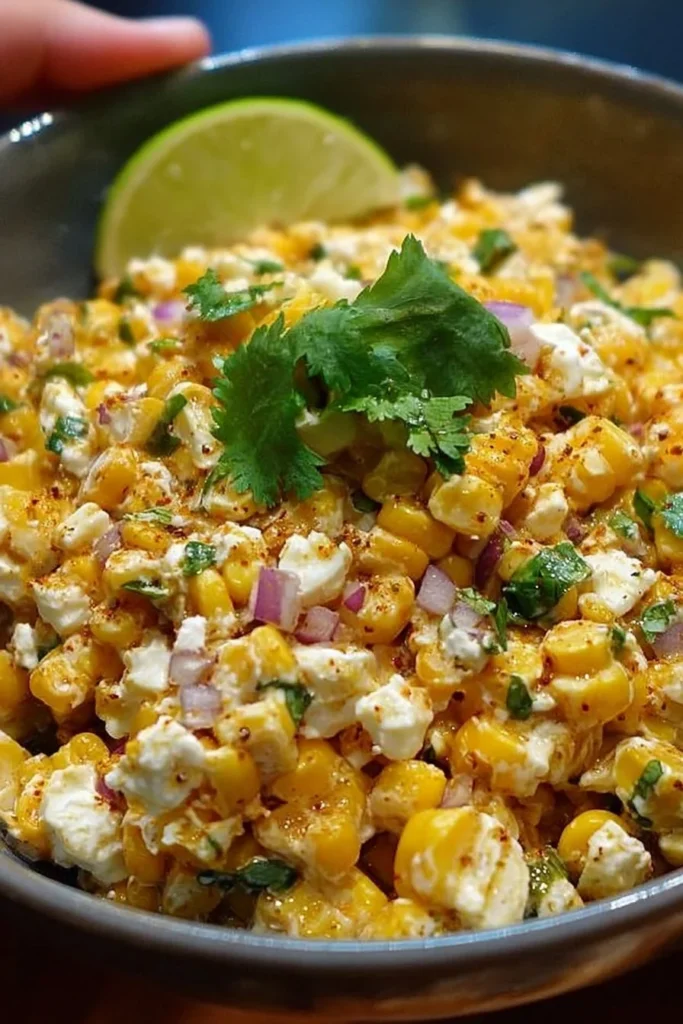 Delicious Mexican street corn salad served in a bowl with fresh toppings