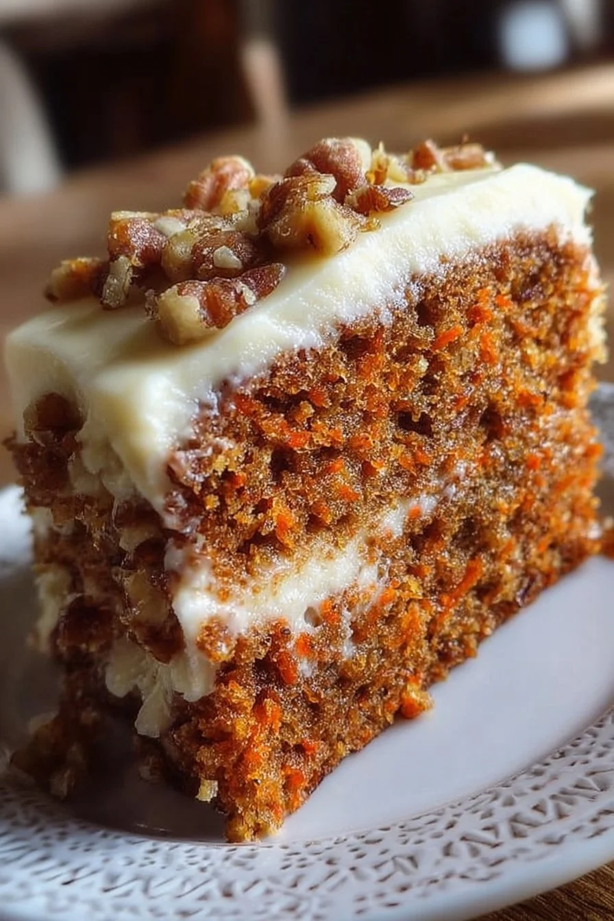 Moist homemade carrot cake with delicious cream cheese frosting