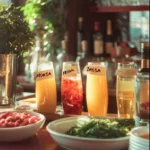 Brunch drinks at the vibrant Momosa Bar featuring colorful cocktails and fresh fruit.
