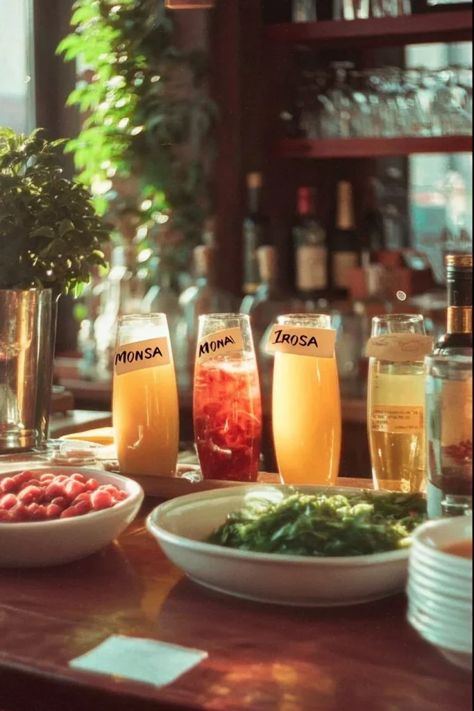Brunch drinks at the vibrant Momosa Bar featuring colorful cocktails and fresh fruit.