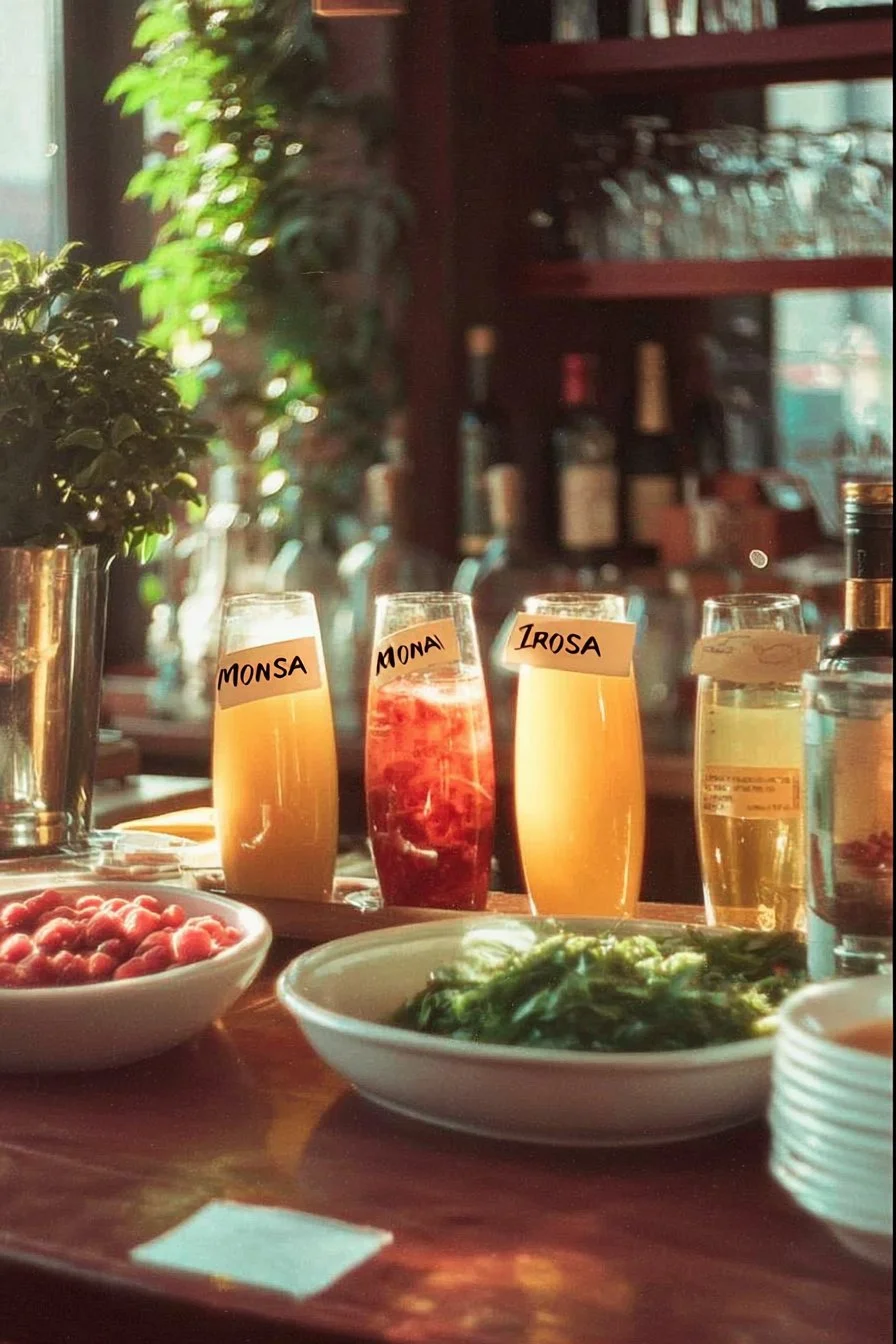 Brunch drinks at the vibrant Momosa Bar featuring colorful cocktails and fresh fruit.