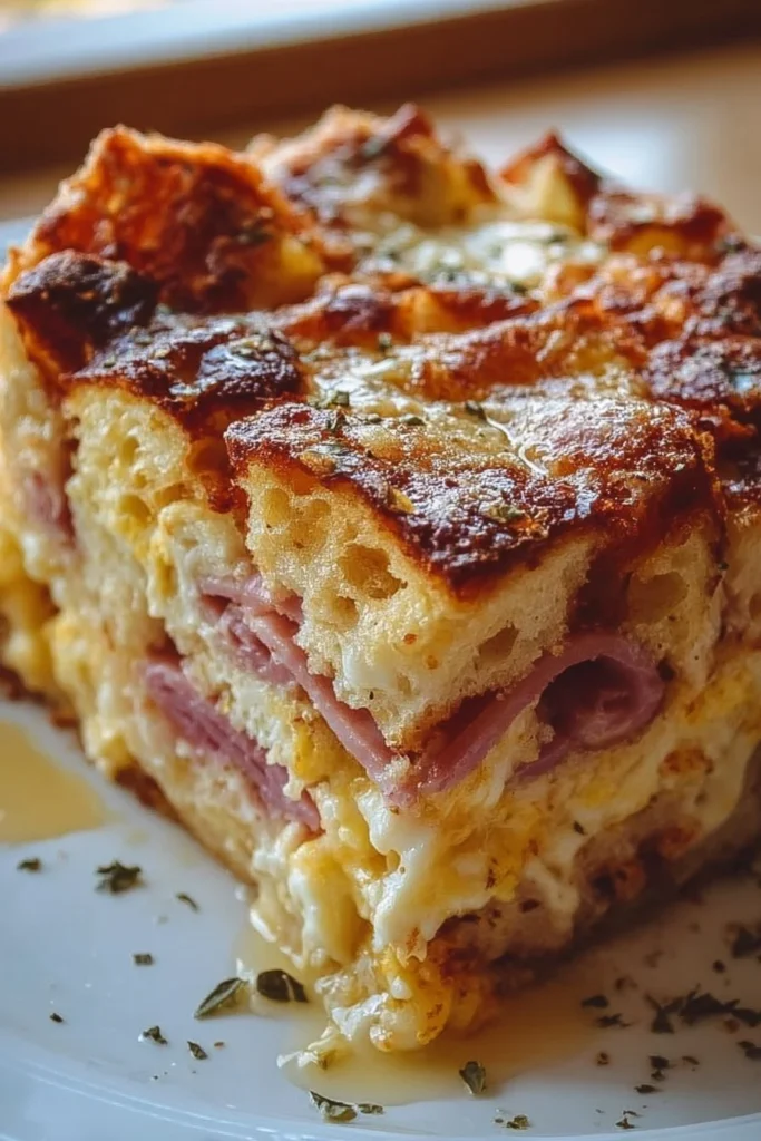 Delicious Monte Cristo Breakfast Casserole topped with cheese and herbs.