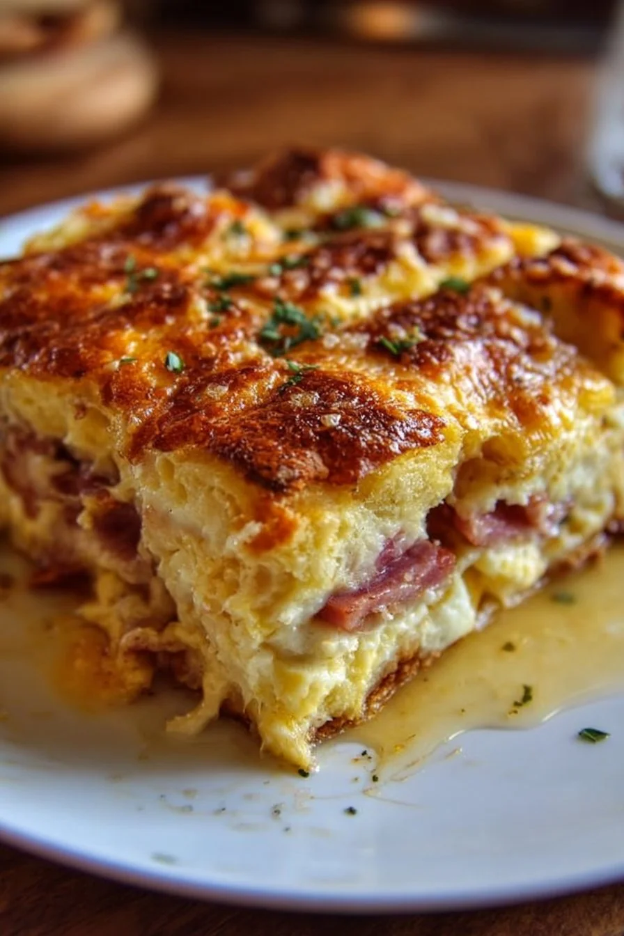 Monte Cristo Breakfast Casserole with ham, cheese, and eggs baked to perfection