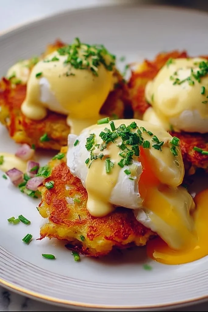 Delicious latke eggs benedict topped with poached eggs and hollandaise sauce