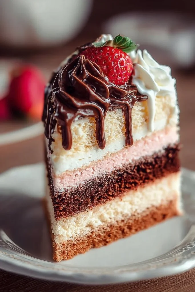Slice of Neapolitan Cake with layers of chocolate, vanilla, and strawberry frosting.