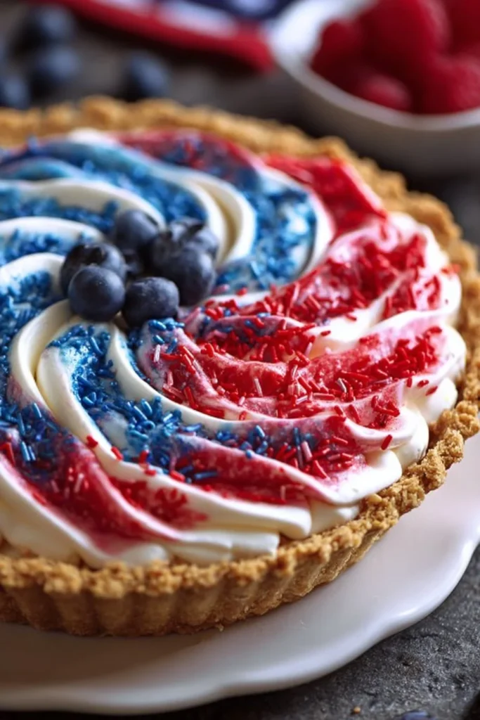 No-Bake 4th of July Swirl Pie topped with vibrant red and blue swirls