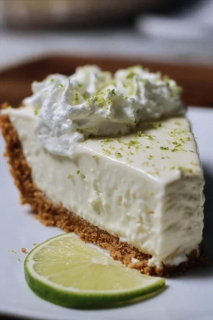 Delicious no bake key lime pie dessert served with lime garnish