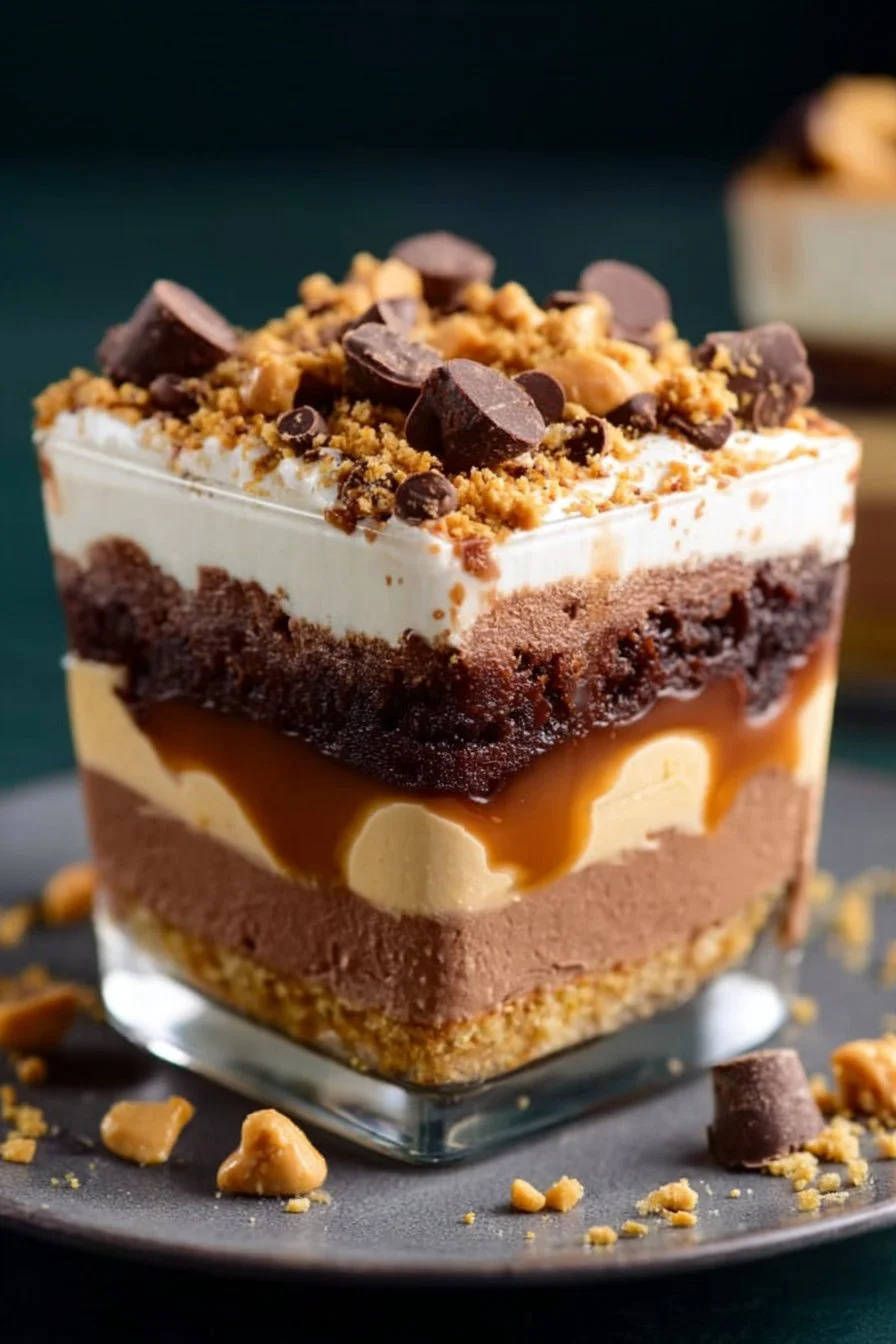 No-Bake Peanut Butter Chocolate Layered Dessert with layers of creamy goodness