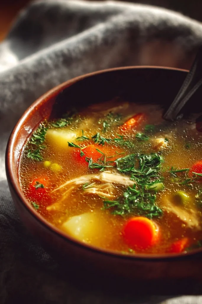 A bowl of nourishing chicken vegetable soup with colorful vegetables and tender chicken pieces.