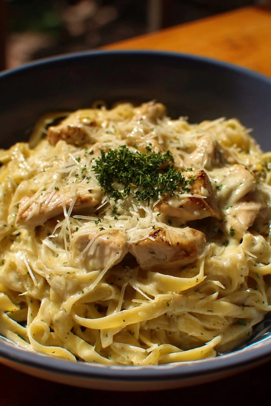 Creamy One-Pot Chicken Alfredo Pasta dish with a sprinkle of parsley