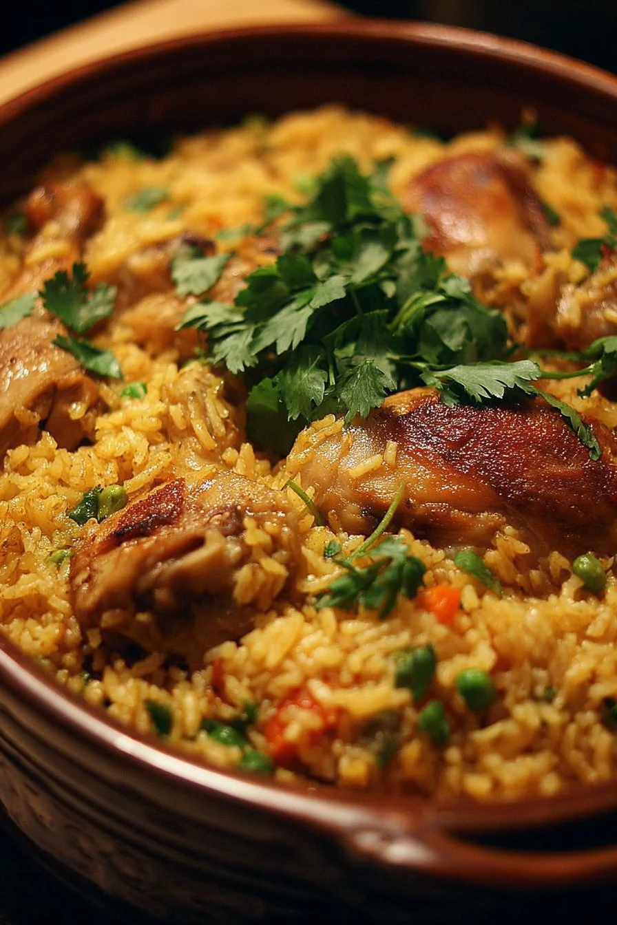 One-Pot Chicken and Rice dish cooked with vegetables and herbs