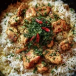 One-pot garlic butter chicken served with rice in a skillet