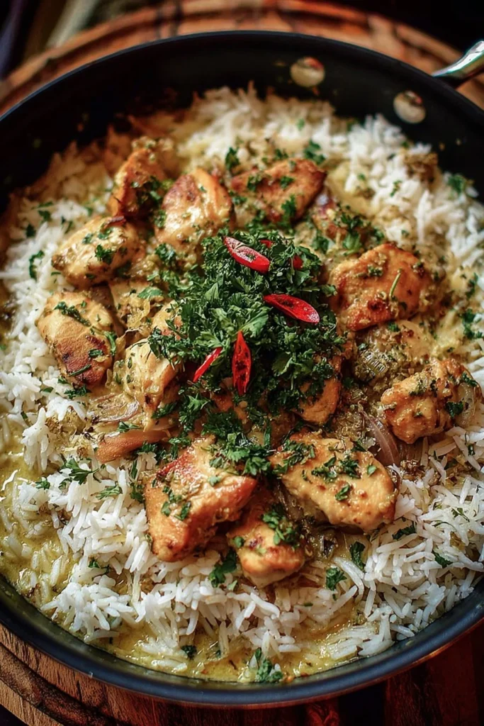 One-pot garlic butter chicken served with rice in a skillet