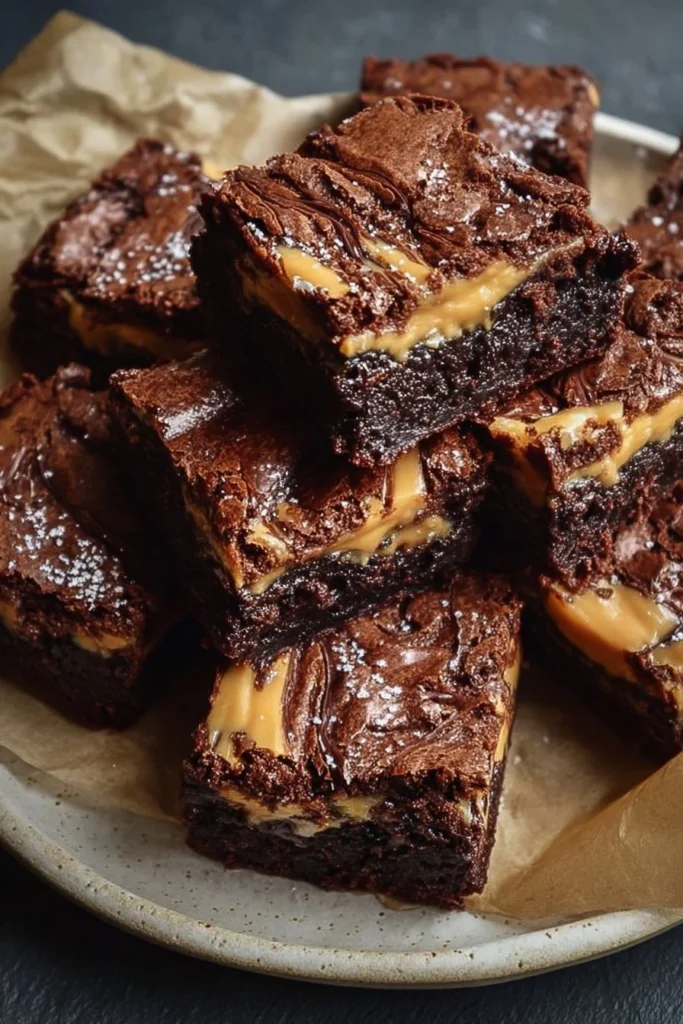 Decadent Snickers brownies topped with chocolate and caramel sauce.
