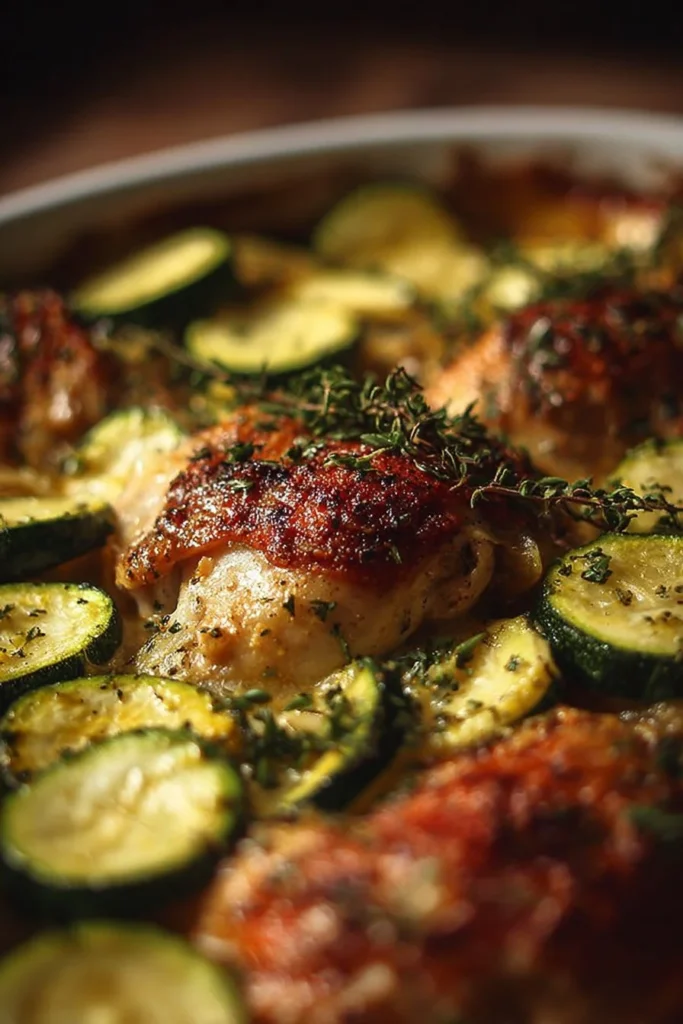 Oven-baked chicken served with sautéed zucchini on a plate