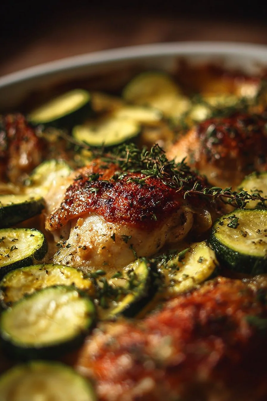 Oven-baked chicken served with sautéed zucchini on a plate