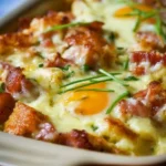 Overnight Eggs Benedict Casserole with poached eggs and hollandaise sauce