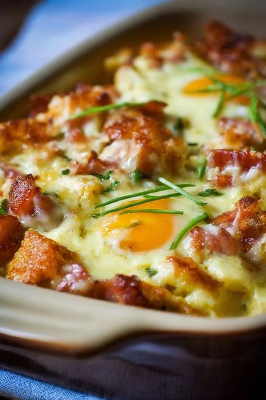 Overnight Eggs Benedict Casserole with poached eggs and hollandaise sauce