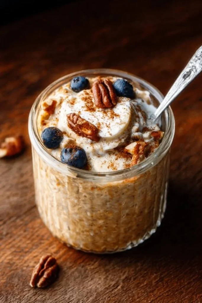 Bowl of creamy overnight oatmeal topped with fresh fruits and nuts