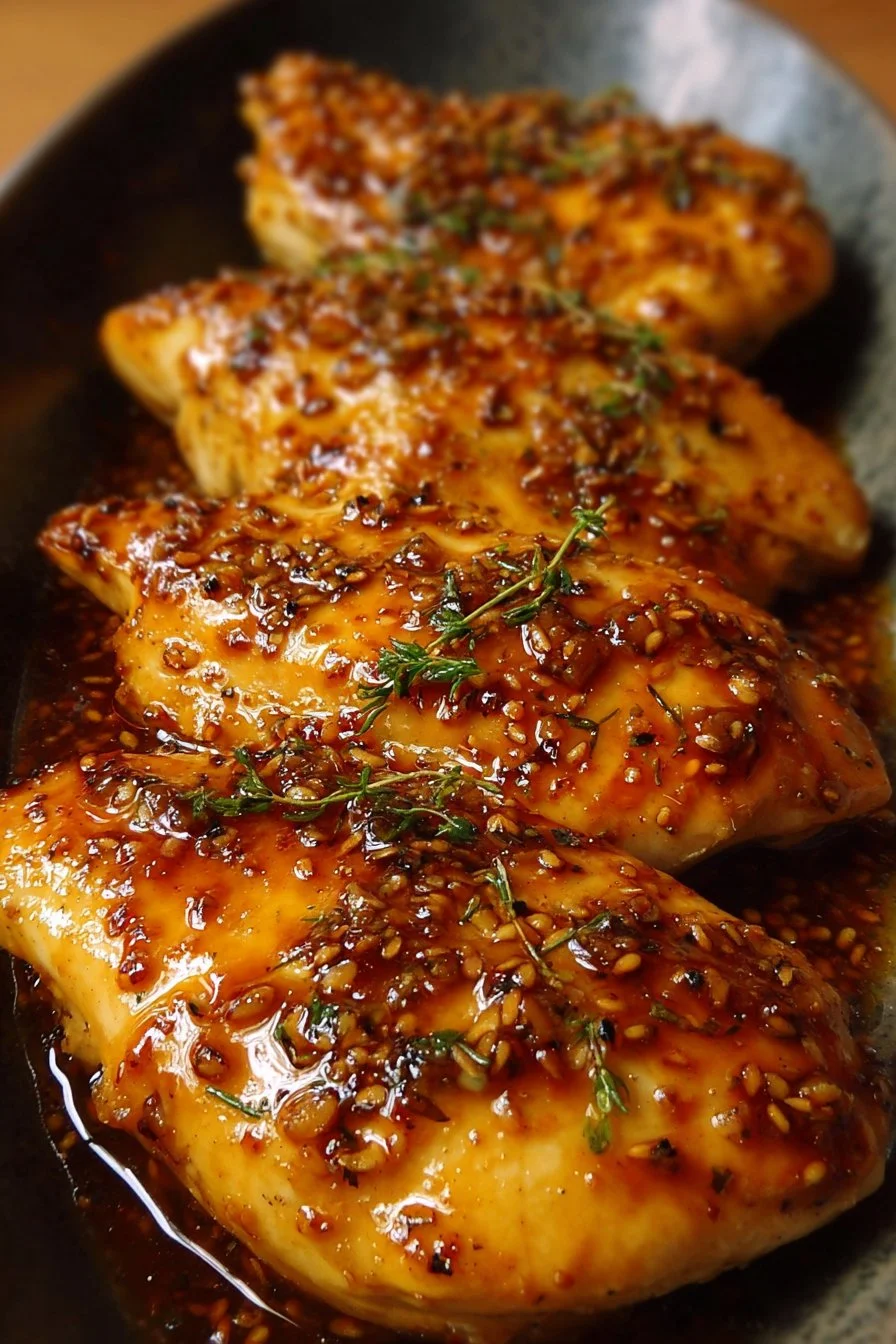 Pan-seared honey garlic chicken breasts garnished with herbs on a plate