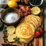 Beautifully arranged pancake perfection on a serving board with toppings.