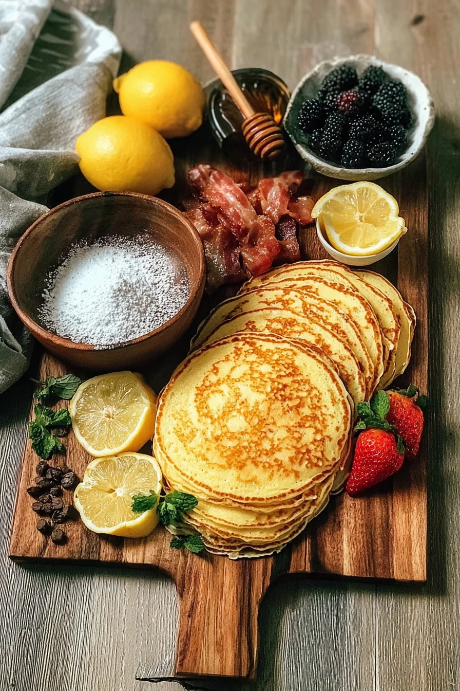 Beautifully arranged pancake perfection on a serving board with toppings.