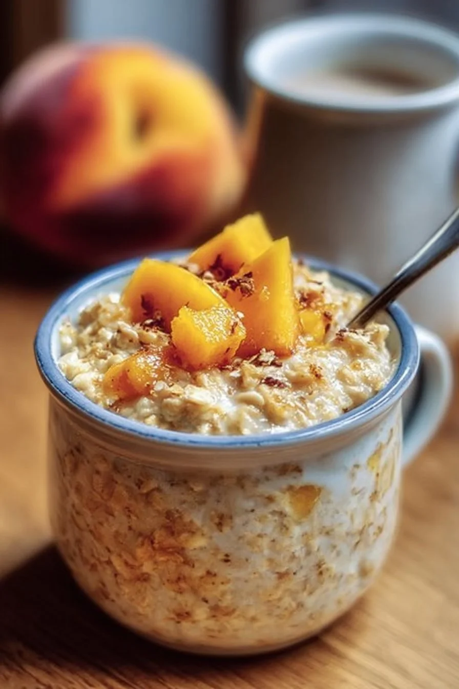Bowl of Peach Cobbler Oats topped with fresh peach slices and cinnamon