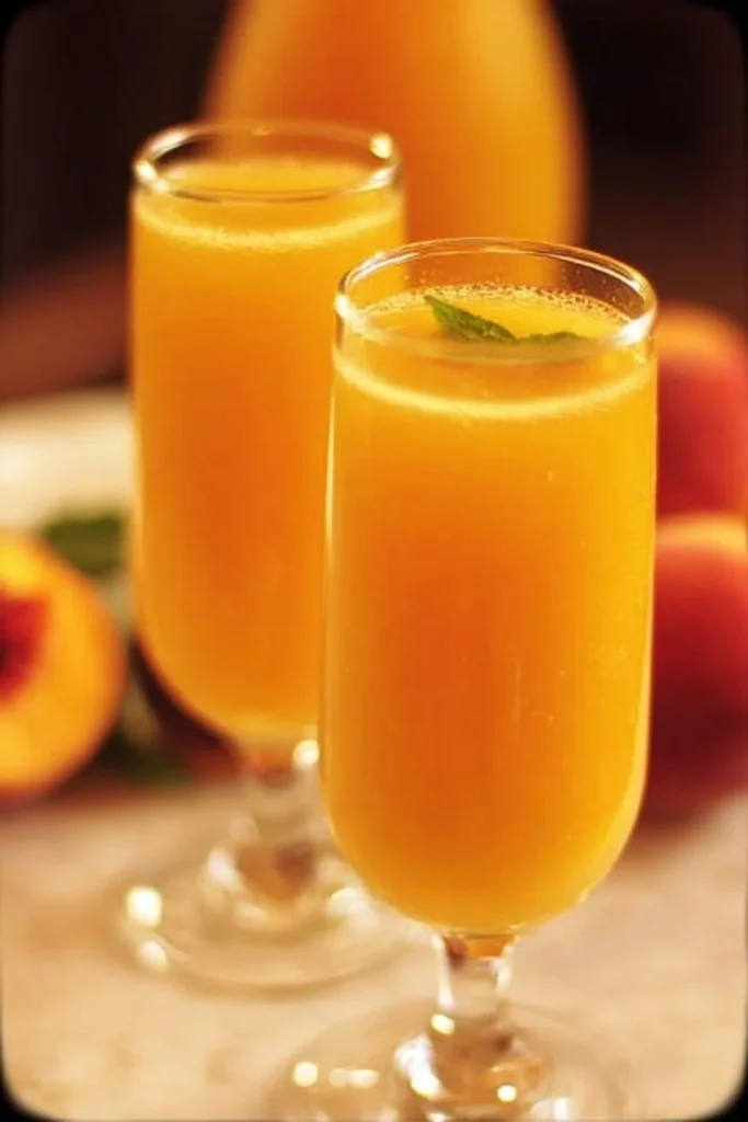 A refreshing glass of Peach Mimosas garnished with fresh peaches and mint.