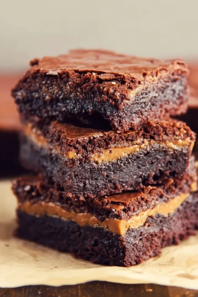 Delicious peanut butter stuffed brownies on a white plate