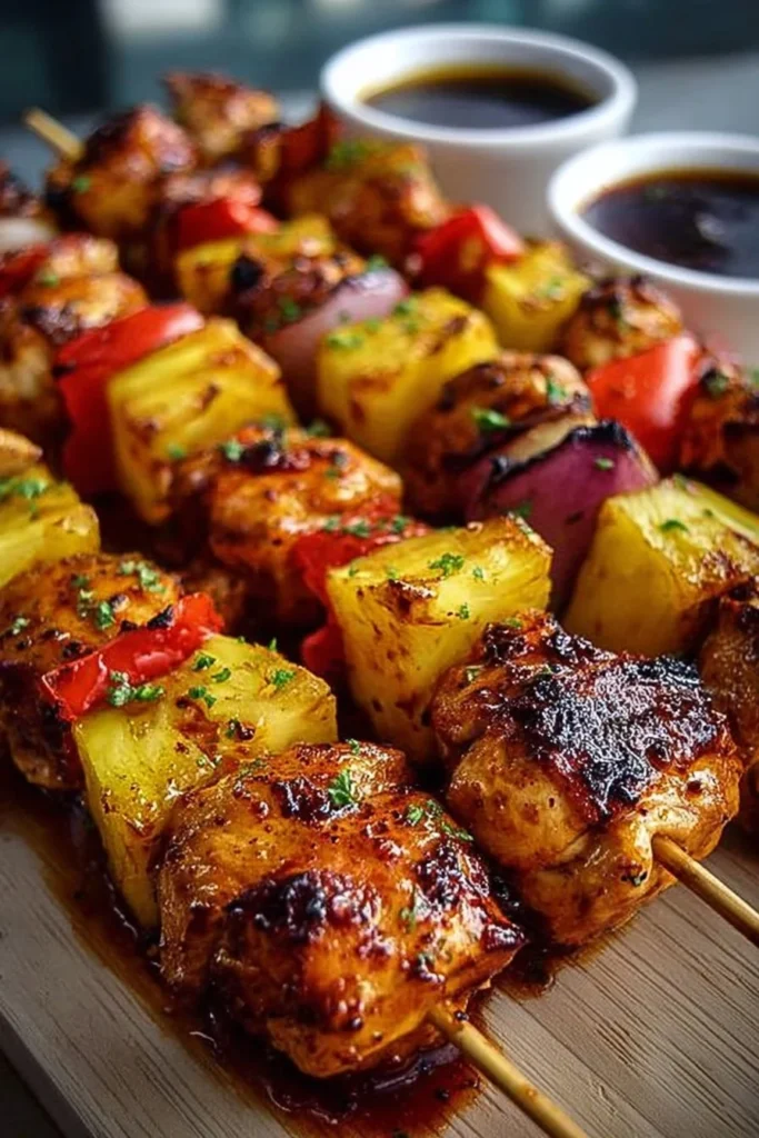 Delicious Pineapple Chicken Kabobs on a skewer ready for grilling