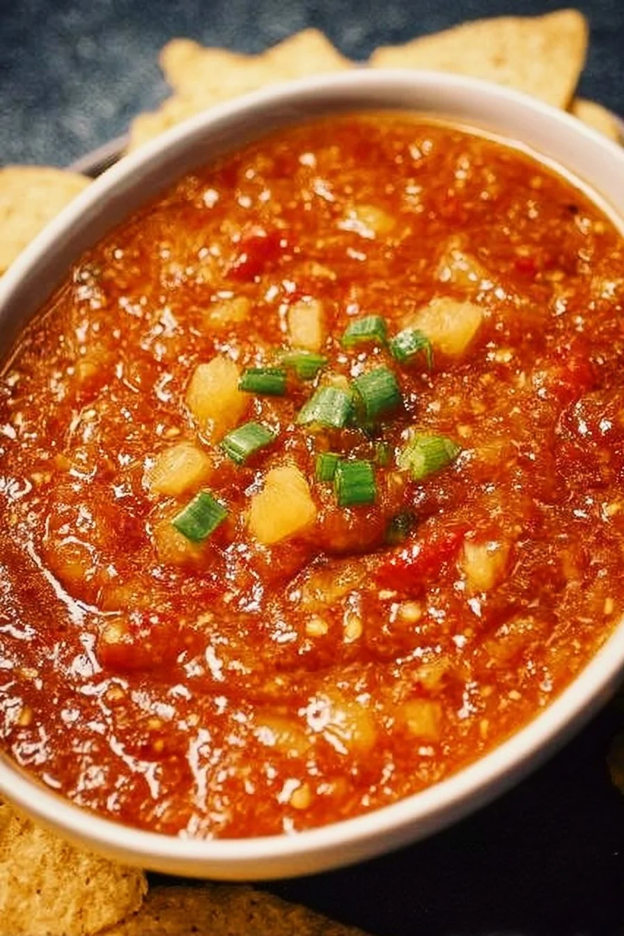 Homemade Pineapple Chipotle Salsa in a bowl with fresh ingredients