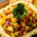 Fresh Pineapple Salsa served in a bowl with chips