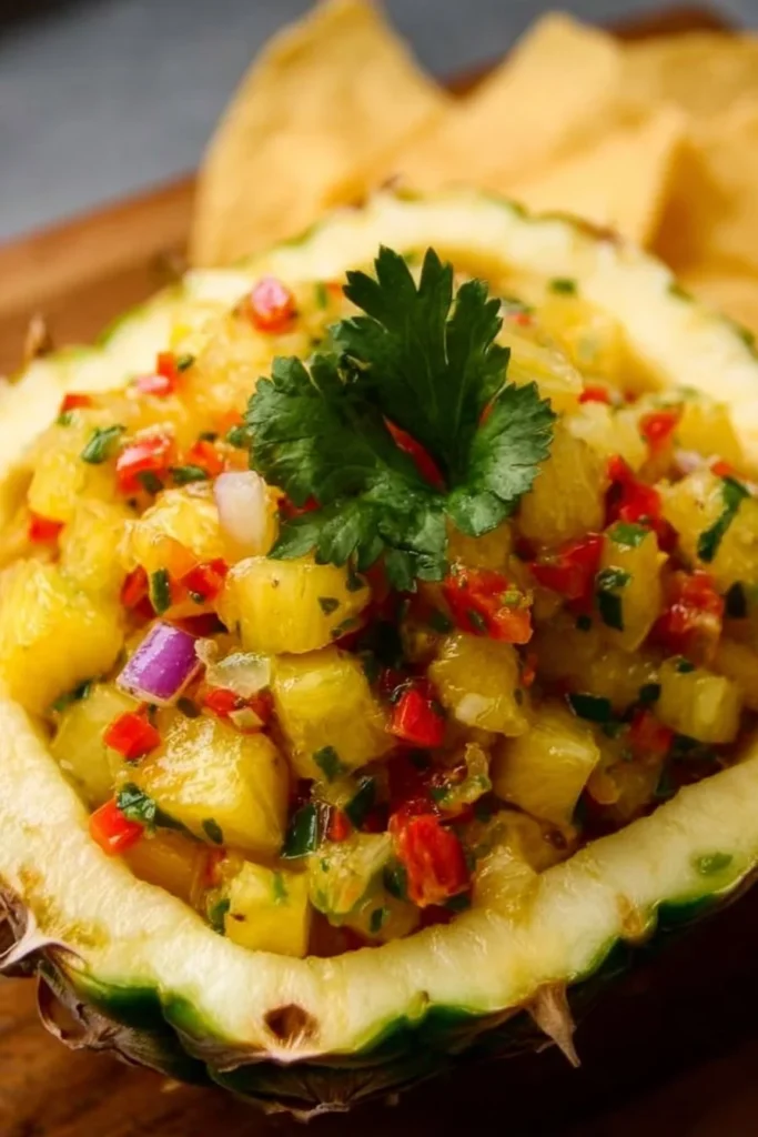 Fresh Pineapple Salsa served in a bowl with chips