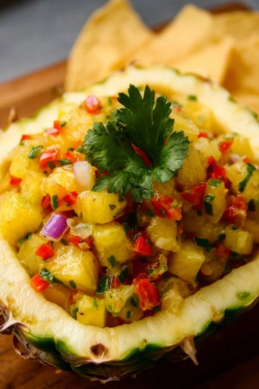 Fresh Pineapple Salsa served in a bowl with chips