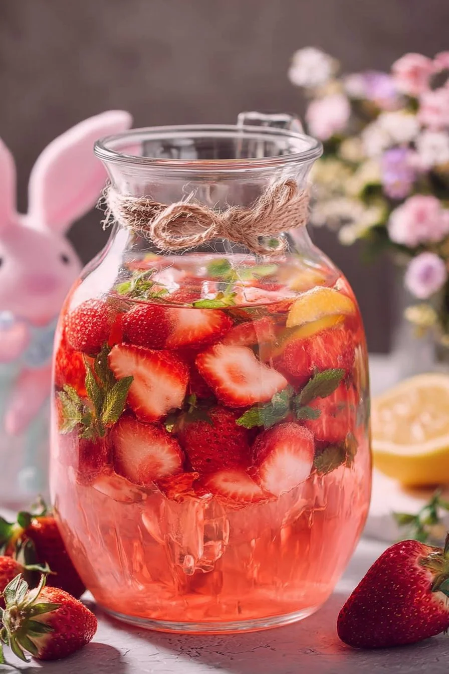 A refreshing pink strawberry sangria served in a glass with fruit garnishes.