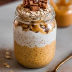 Pumpkin cheesecake overnight oats topped with whipped cream and cinnamon.