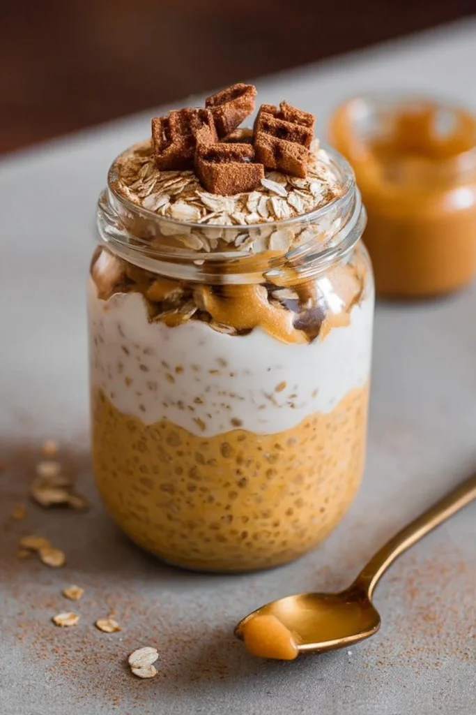 Pumpkin cheesecake overnight oats topped with whipped cream and cinnamon.