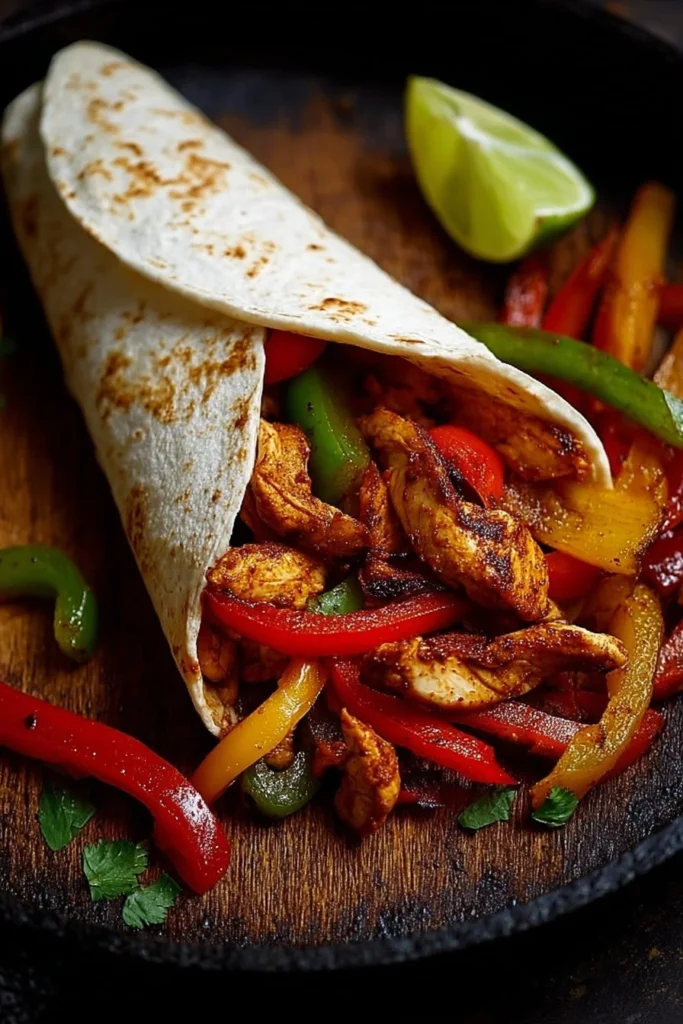 Delicious quick and juicy chicken fajitas served with vibrant peppers and onions.