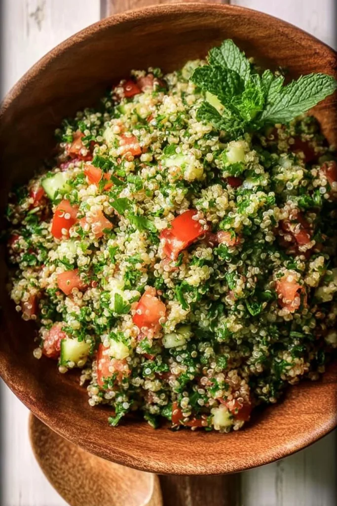 Delicious quinoa tabbouleh salad with herbs and vegetables.