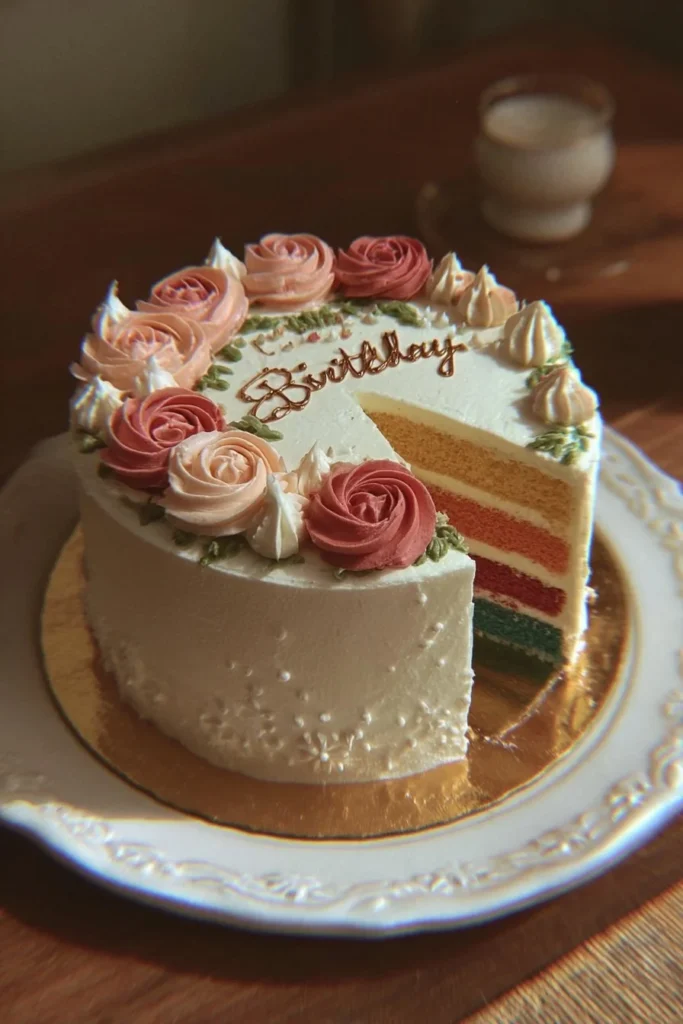 Delicious Rainbow Birthday Cake with colorful layers and frosting