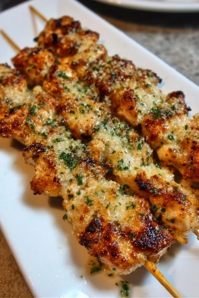 Ranch Garlic Parmesan Chicken skewers ready to be served.
