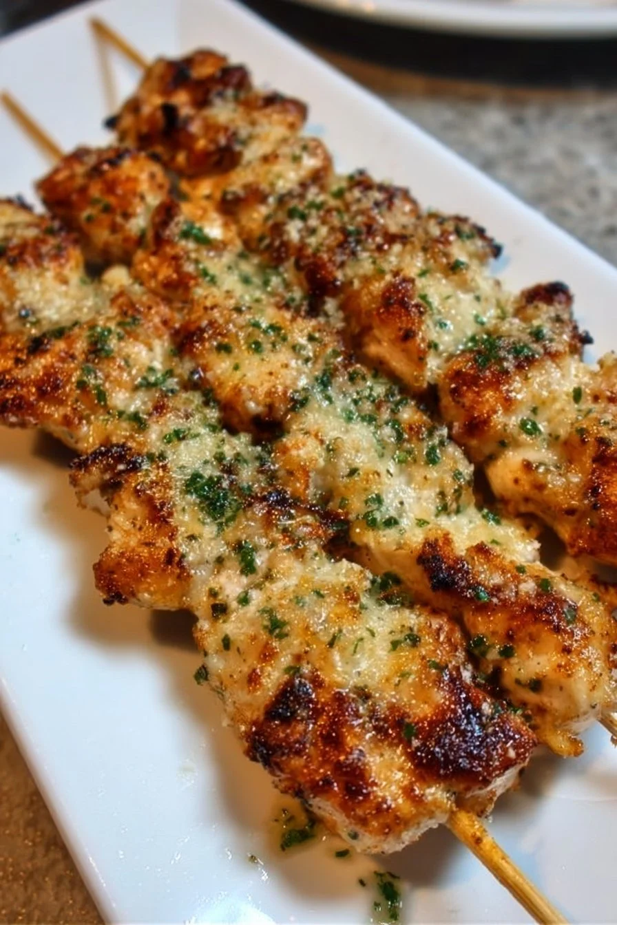Ranch Garlic Parmesan Chicken skewers ready to be served.