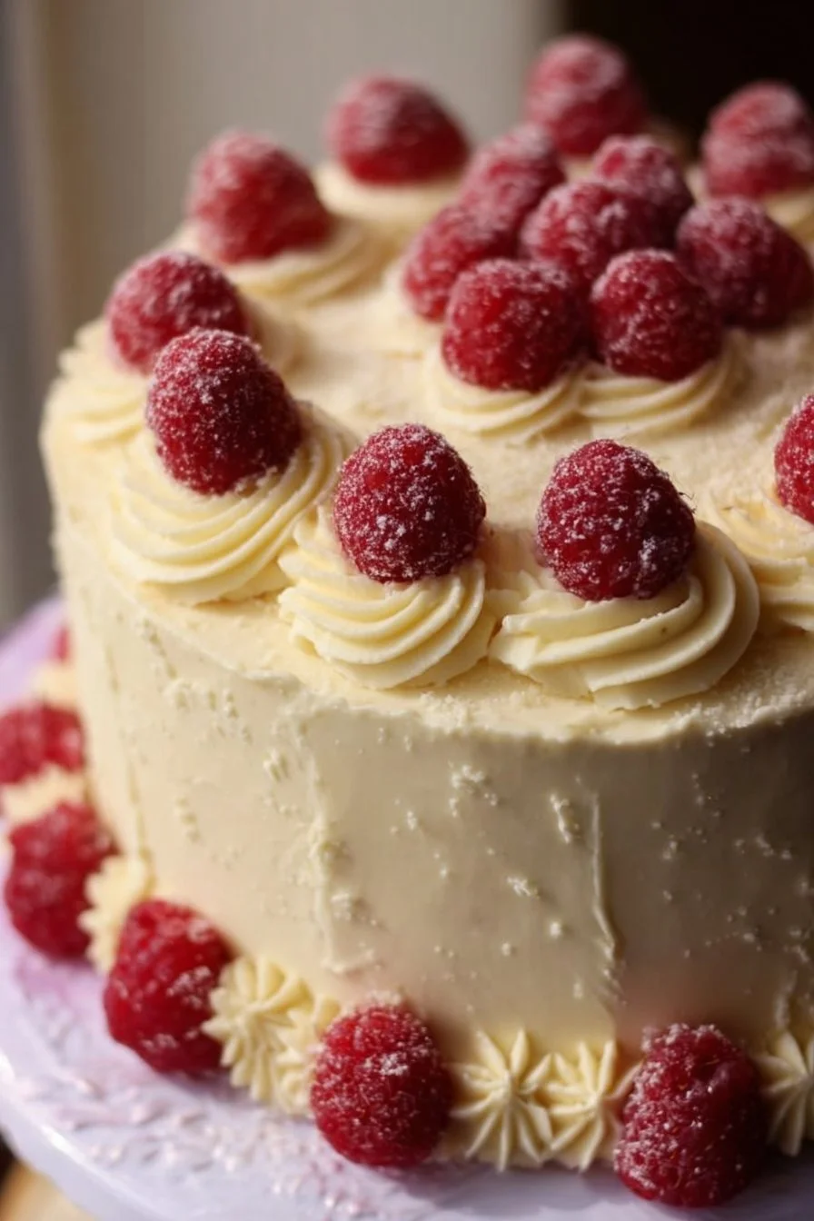 Delicious Raspberry Cake topped with creamy Lemon Buttercream frosting