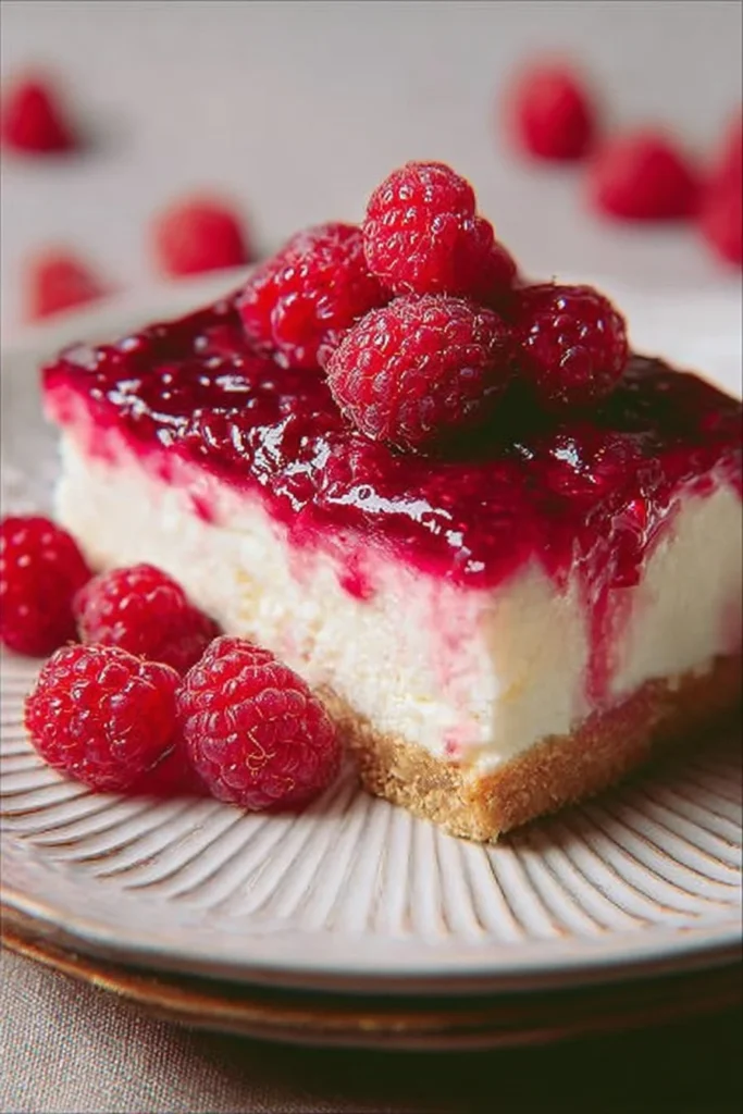Delicious raspberry cheesecake with fresh raspberries on top