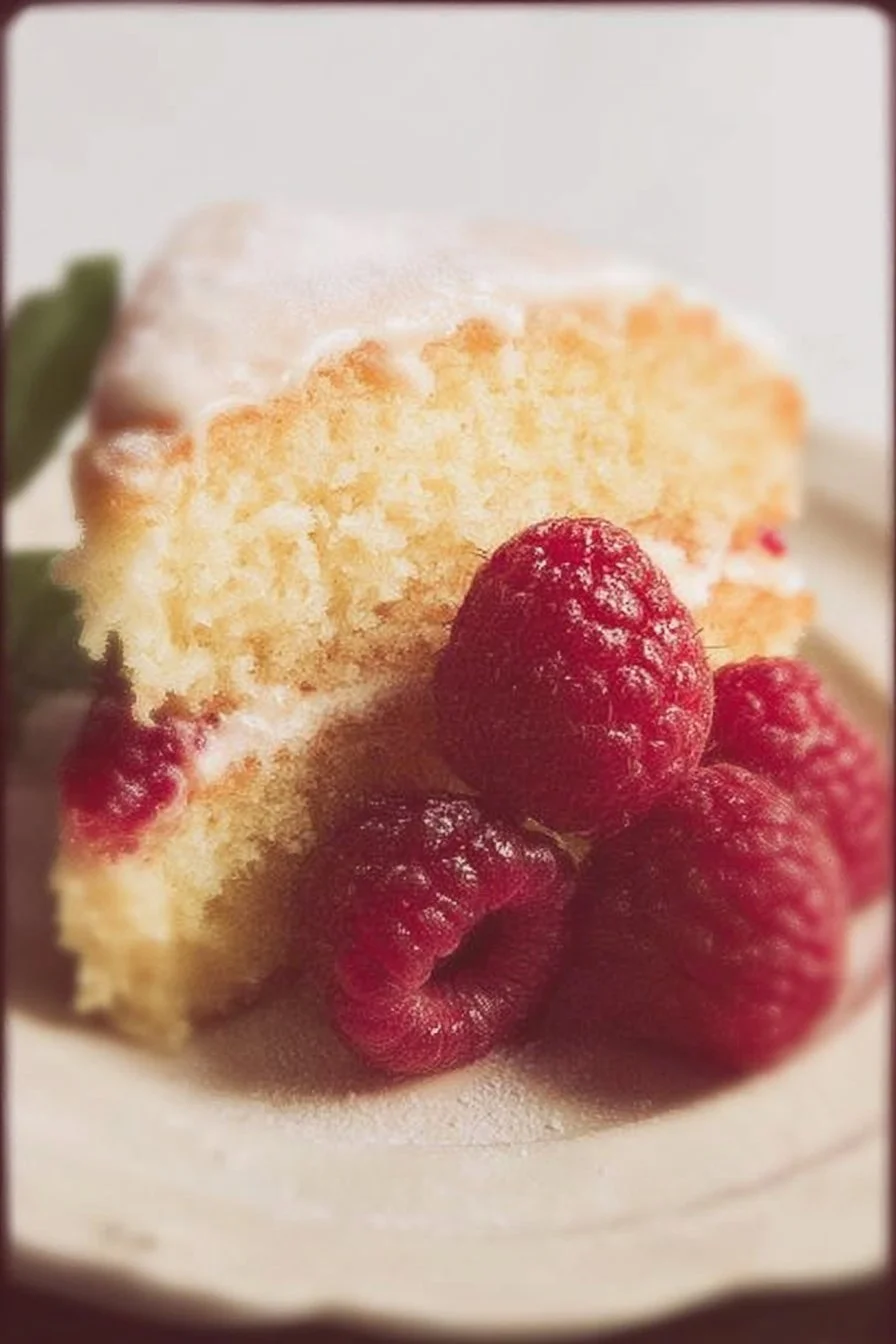 A slice of Raspberry Lemon Cake topped with fresh raspberries and lemon zest.
