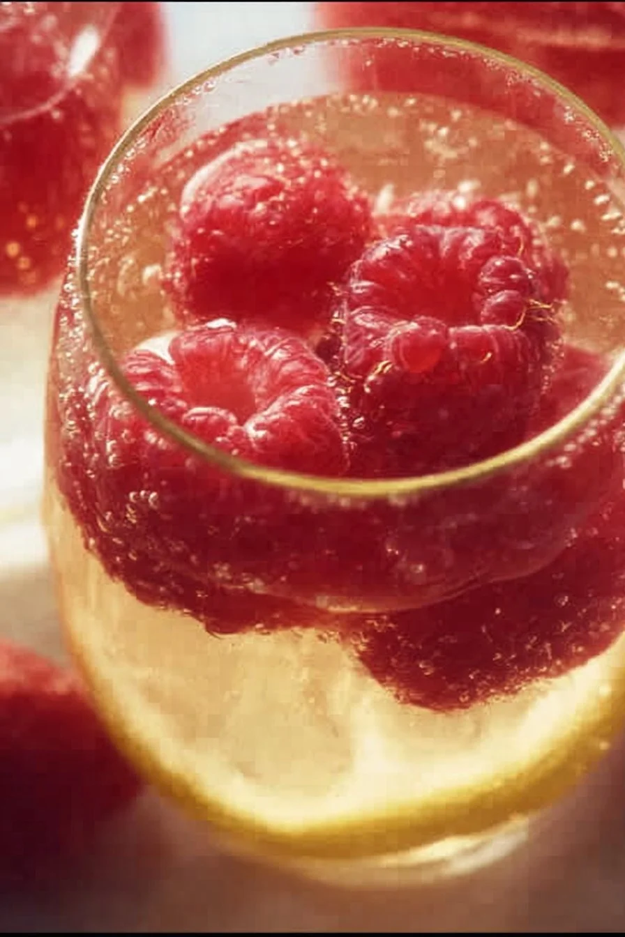 A glass of Raspberry Limoncello Prosecco garnished with raspberries